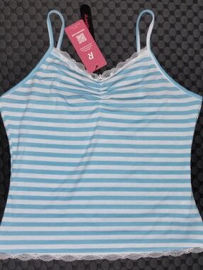 Blue And White Striped Kawaii Top With Spaghetti Straps And Lace Trim